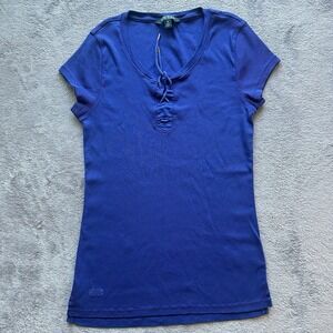 Lauren Ralph Lauren Women's Blue Ribbed Lace-Up Cap Sleeve‎ Top M Y2K Preppy